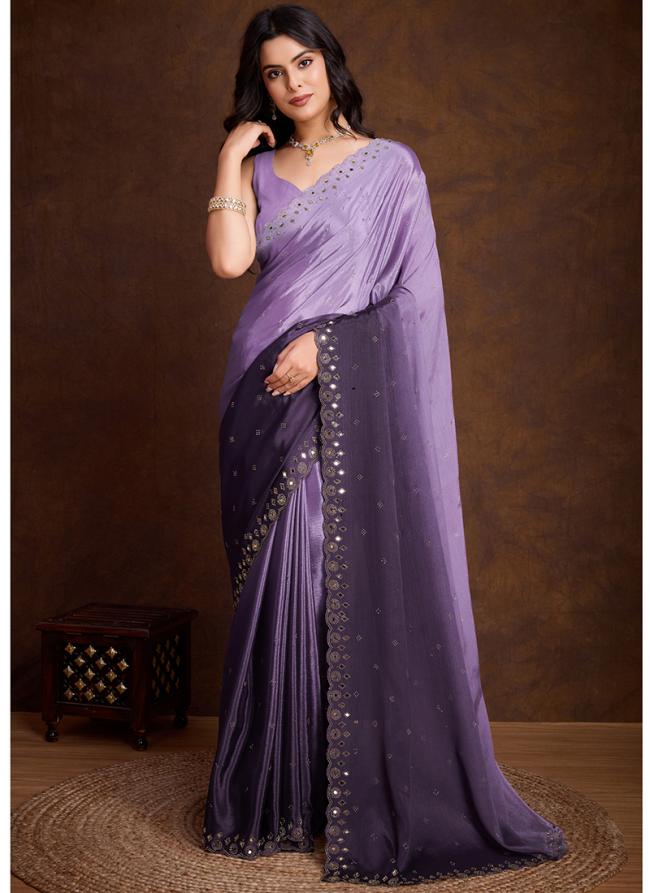 Two Tone Shaded Chinnon Purple Party Wear Swarovski Work Saree